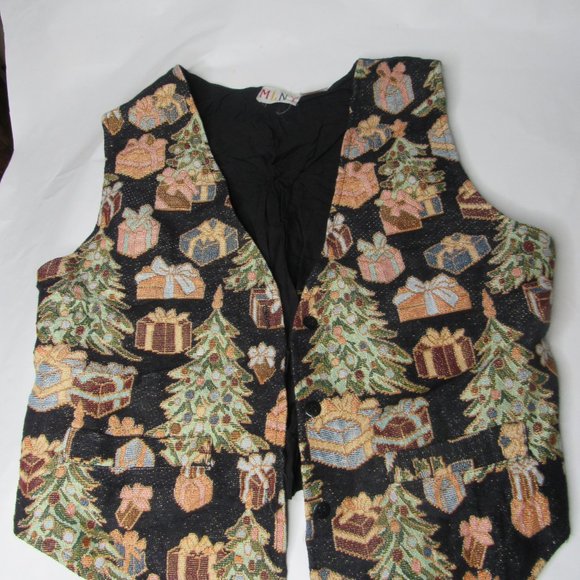 Vtg MLNY Christmas Vest Womens Lg Christmas Tree Button Up Black Retro Unique - Picture 4 of 7